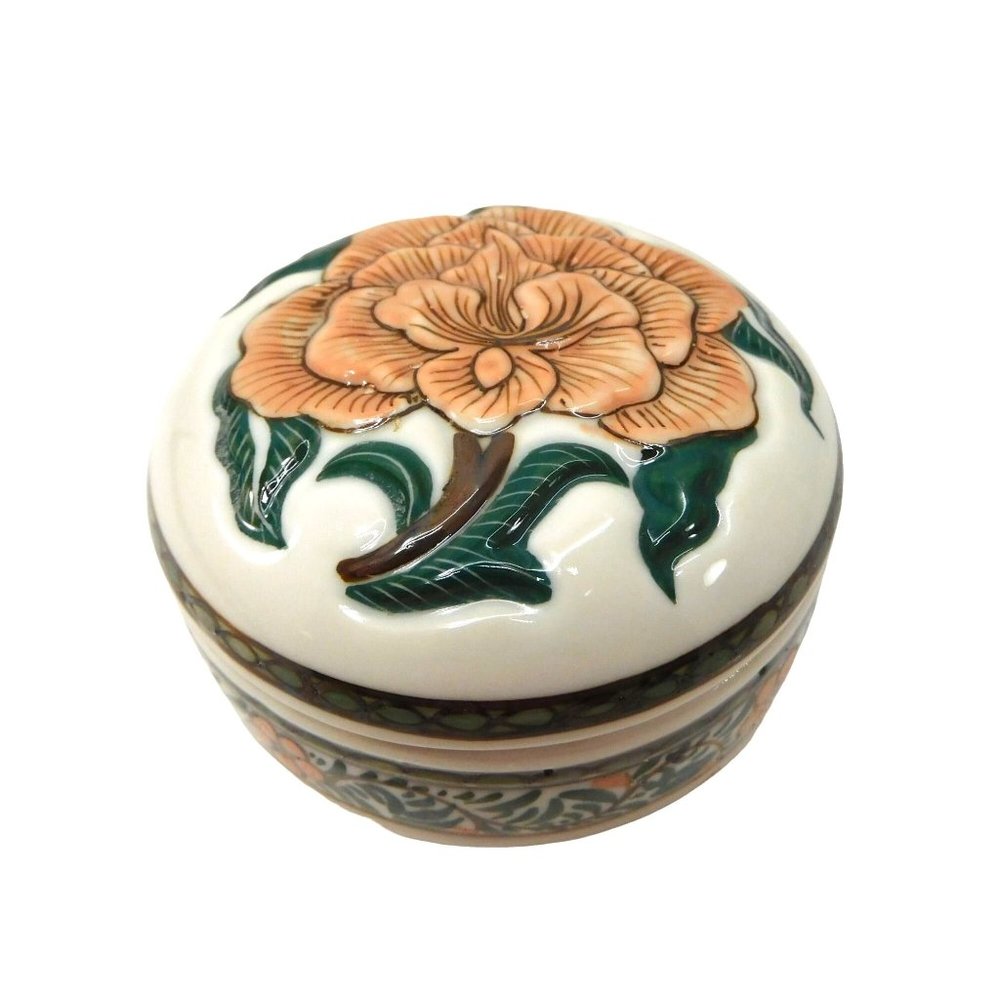 Vintage Round Trinket Ring Box Raised Flower Hand Painted 3-1/8"